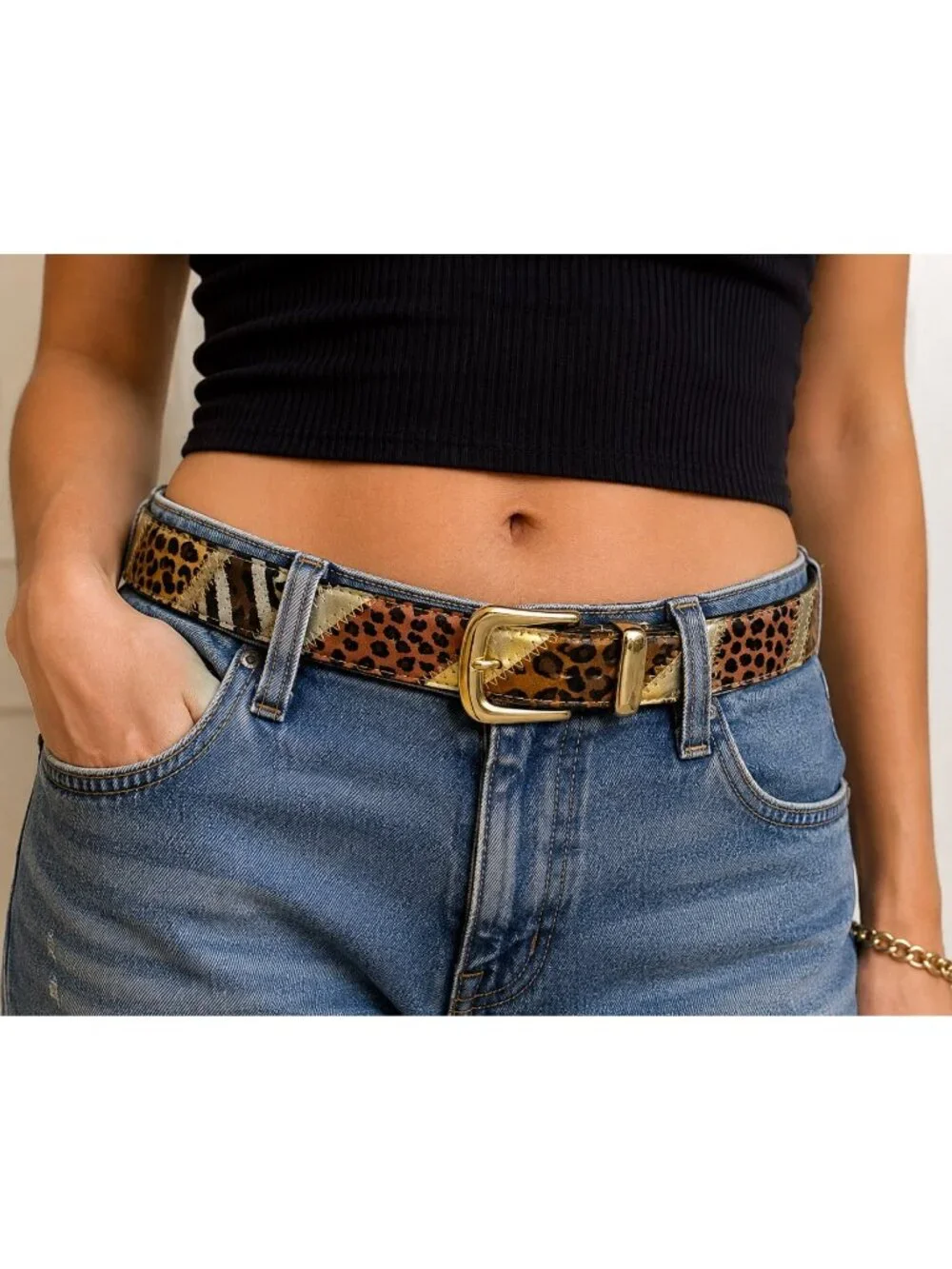 Y2K Genuine Leather Animal Print Patchwork Belt Gold Buckle M/L 31.5